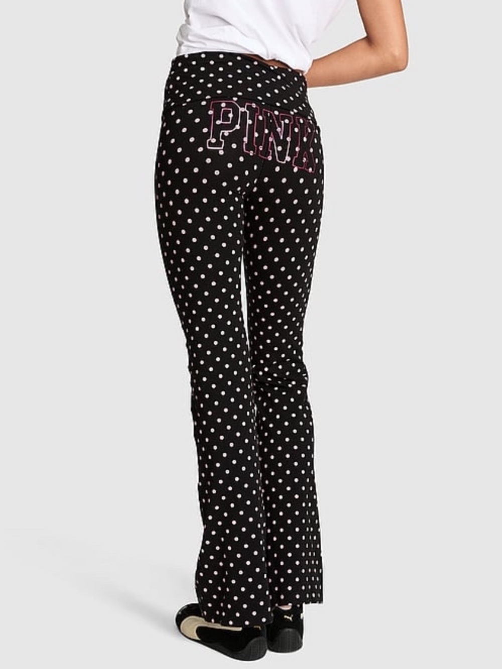 New Medium Black VS PINK Leggings Cotton Fold Over Flare Polka Dot Yoga Pants